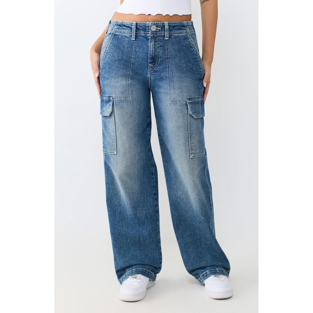 True Religion Denim Cargo Straight Jeans Womens 28 Blue Cotton Y2K Boho Utility